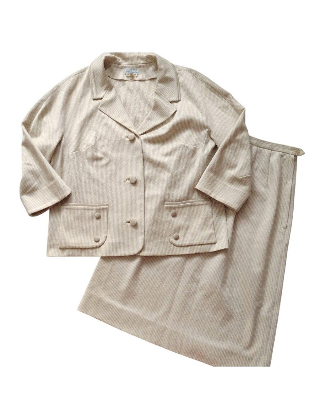 Vintage Mid Century Womens Skirt Suit M L Beige Tonal Stripe 1960s Jackie O - Picture 1 of 16